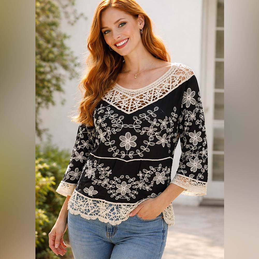 Solitaire Black Floral Crochet lace Trim Top Size XL 3/4 Sleeves Boho Peasant
